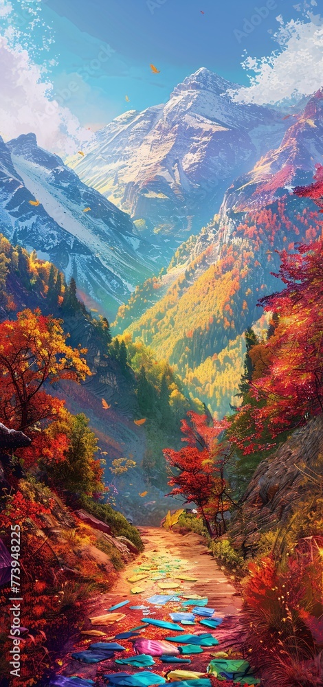 Autumn's Vibrant Embrace A Mountainous Trek in the Foliage Generative AI