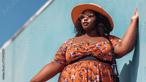 Portrait of a happy, self-satisfied fat woman. Young curvy plus size woman outdoors.