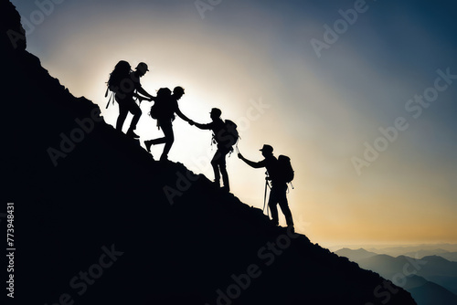 business. teamwork helping hand business travel silhouette concept. group team tourists lends helping hand climb cliffs mountains helping hand. teamwork people climbers climb top overcoming