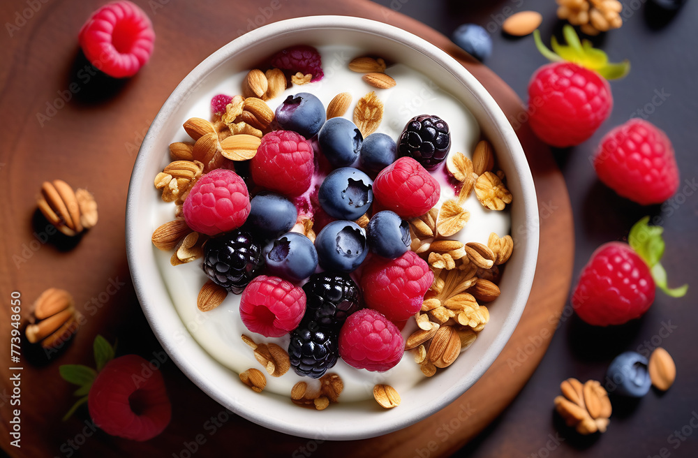 Yogurt with nut granola and berries in a wooden round plate. Delicious Smoothie Bowl for breakfast. The concept of healthy eating from natural products Yogurt with nut granola and berries in a wooden round plate. Delicious Smoothie Bowl for breakfast. The concept of healthy eating from natural products