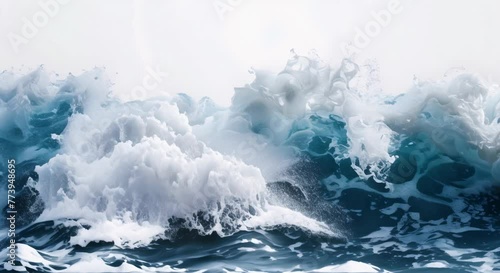 A powerful blue ocean wave breaks against clean white background.  photo