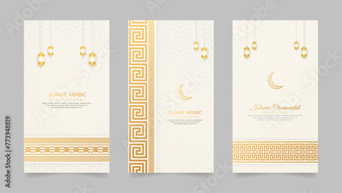 Eid Mubarak and Ramadan Islamic Realistic Social Media Stories Collection Template with Greek Pattern Brushes Borders