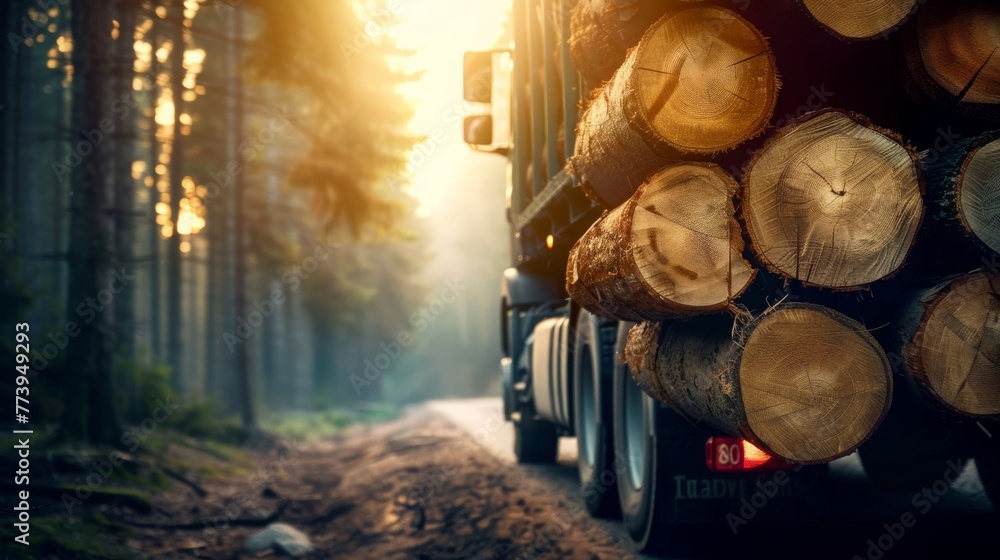 a stack of wooden logs in big trailer vehicle. - obrazy, fototapety, plakaty 