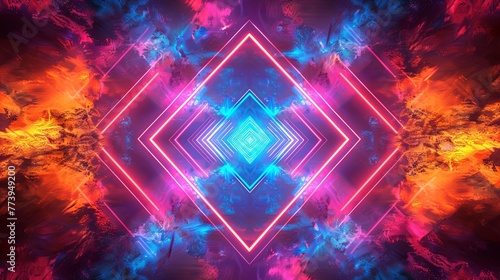 Electric blue and purple neon lights form a complex  symmetrical mandala pattern  evoking a sense of digital spirituality.