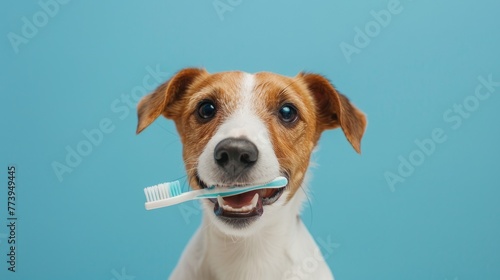 Photo portrait of a cheerful Jack Russell Terrier with a toothbrush on a light blue background, illustrating the importance of dental care for dogs photo