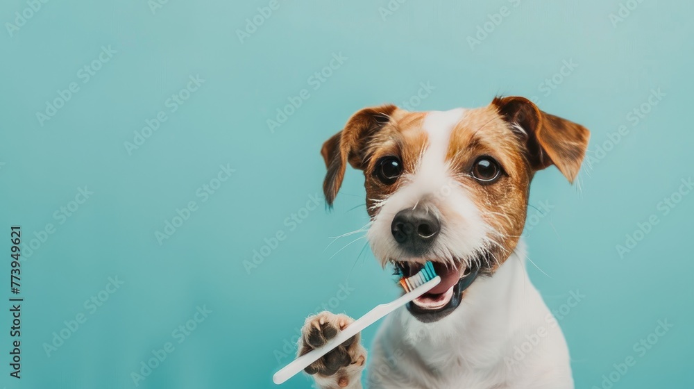 The energetic Jack Russell Terrier monitors oral hygiene with a toothbrush, taking care of the oral health of the pet on a soft blue background, with a place for text