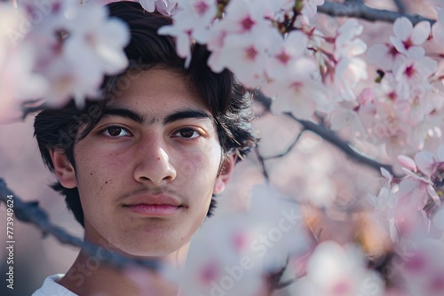 April Showers A Young Man's Reflection in a Blossoming Cherry Blossom Tree Generative AI