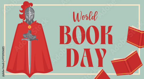 world book day knight saint george with book background banner