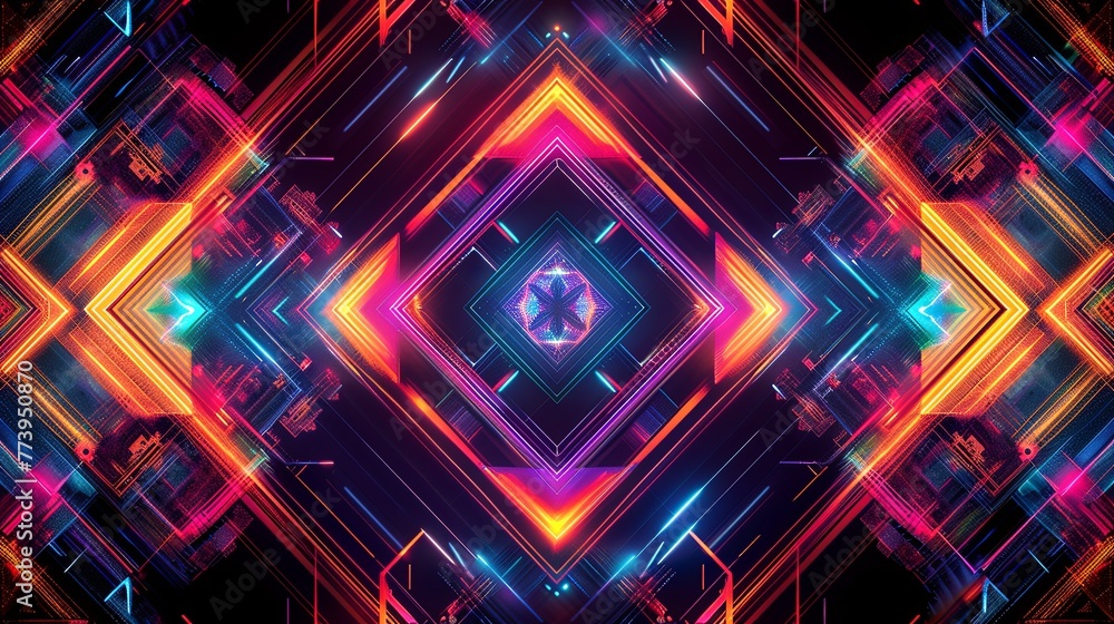 Electric blue and purple neon lights form a complex, symmetrical mandala pattern, evoking a sense of digital spirituality. Electric blue and purple neon lights form a complex, symmetrical mandala pattern, evoking a sense of digital spirituality.