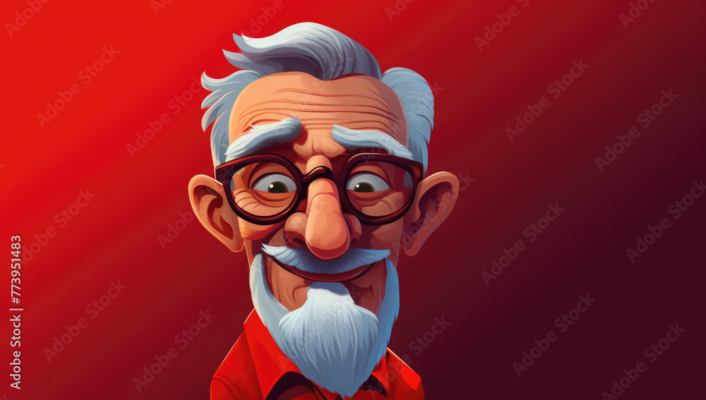 Elderly animated character with a kind expression, wearing large, round glasses and a red checked shirt, against a red backdrop. Elderly animated character with a kind expression, wearing large, round glasses and a red checked shirt, against a red backdrop.