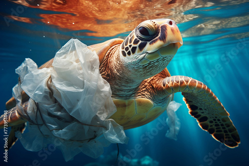 A Loggerhead sea turtle, a vertebrate reptile, is seen swimming underwater in the ocean with a plastic bag on its back. This marine organism navigates through the fluid environment of the sea photo