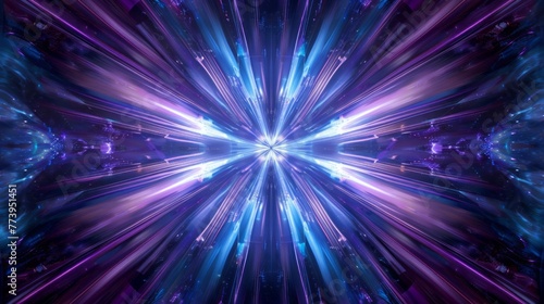 A distorted image of an electric blue light emitting rays from the center  resembling a lens flare. The colors mix with purple and violet  creating a symmetrical pattern in a spacelike setting