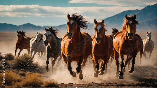 Thundering Horses Majestic Gallop Through Mountain Steppes