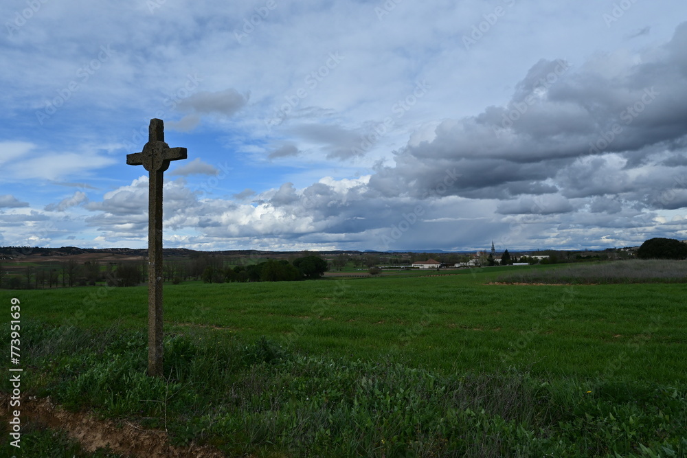 Stone cross, via crucis, with landscape Stone cross, via crucis, with landscape