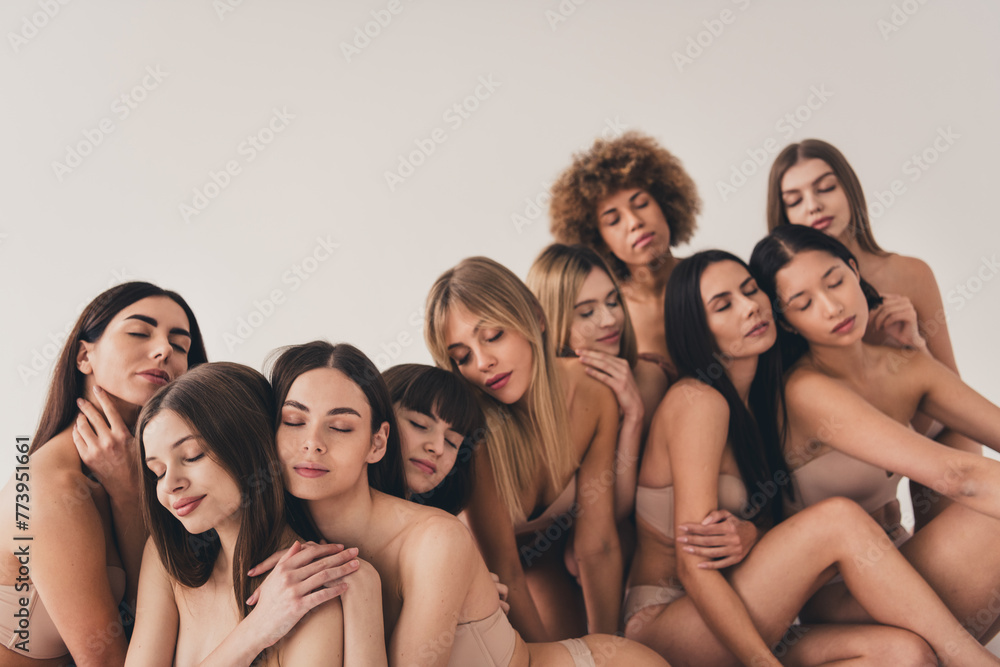 No retouch photo of beautiful different fashion models skin complexion diversity wellbeing in beige studio background No retouch photo of beautiful different fashion models skin complexion diversity wellbeing in beige studio background