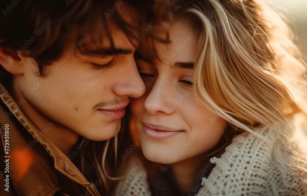 Intimate moment between a young couple, affectionate and close