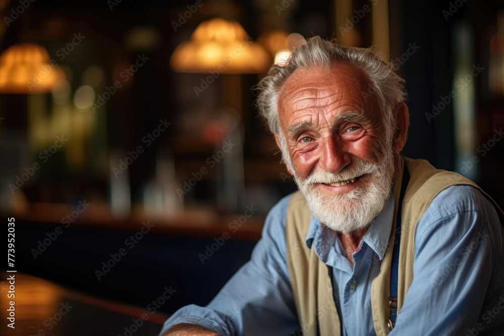 Joyful elderly gentleman with a white beard and blue shirt, leaning on a bar in a cozy pub ambiance. Joyful elderly gentleman with a white beard and blue shirt, leaning on a bar in a cozy pub ambiance.
