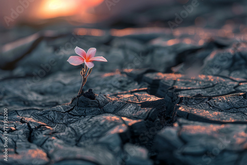 Craft an image of a miniature flower plant blooming amidst the cracked surface of a dormant volcano, where life finds a way in the most unlikely of environments photo