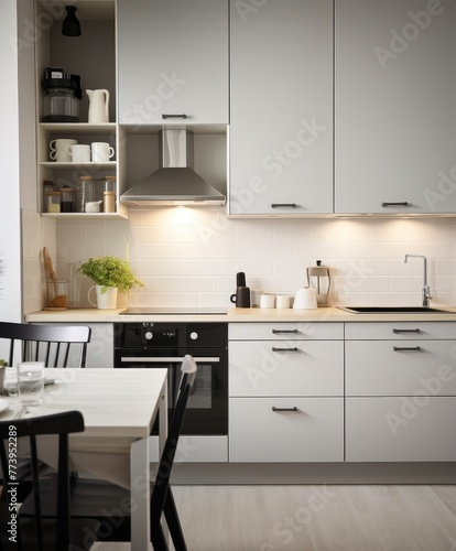 Modern Kitchen With White Cabinets and Black Chairs © Shakeel