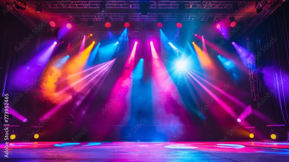 Empty stage with a colorful lighting setup ready for an explosive entertainment show captured in close up detail