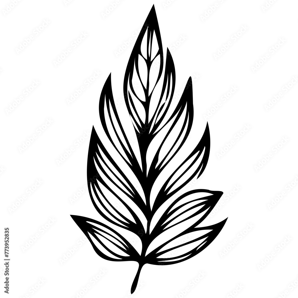 Hand drawn winter leaves and branches. Floral twig, botanical branch with berry and leaf doodle. Plant leaf feather and fir tree branches element. Isolated vector icons