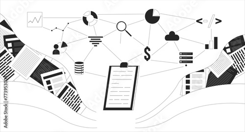 Database management black and white 2D illustration concept. Corporate planning outline cartoon scene background. Statistics graph charts. Forecasting business analytics metaphor monochrome vector art