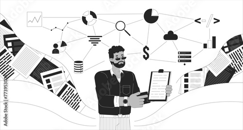 Data analyst skills black and white 2D illustration concept. African-american male analysis expert holding clipboard outline cartoon scene background. Database management metaphor monochrome vector