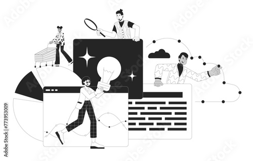Data analysis team black and white 2D illustration concept. Web analysts people multicultural cartoon outline characters isolated on white. Marketing analytics commerce metaphor monochrome vector art © The img