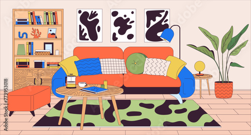 Living room furnishing cartoon flat illustration. Soft sofa and coffee table in home design 2D line interior colorful background. Furniture arrangement in apartment scene vector storytelling image