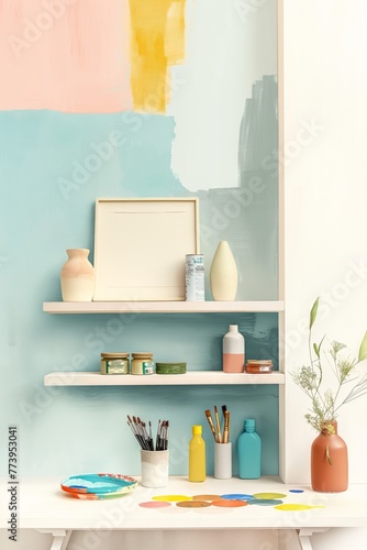 Art painting of shelves with art supply materials. © Have a good vibes