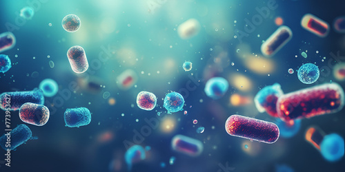 bacteria and microscope, A series of bacteria that are seen under a microscope, Gut Microbiota and Probiotics Concept Stock Illustration, Generative AI