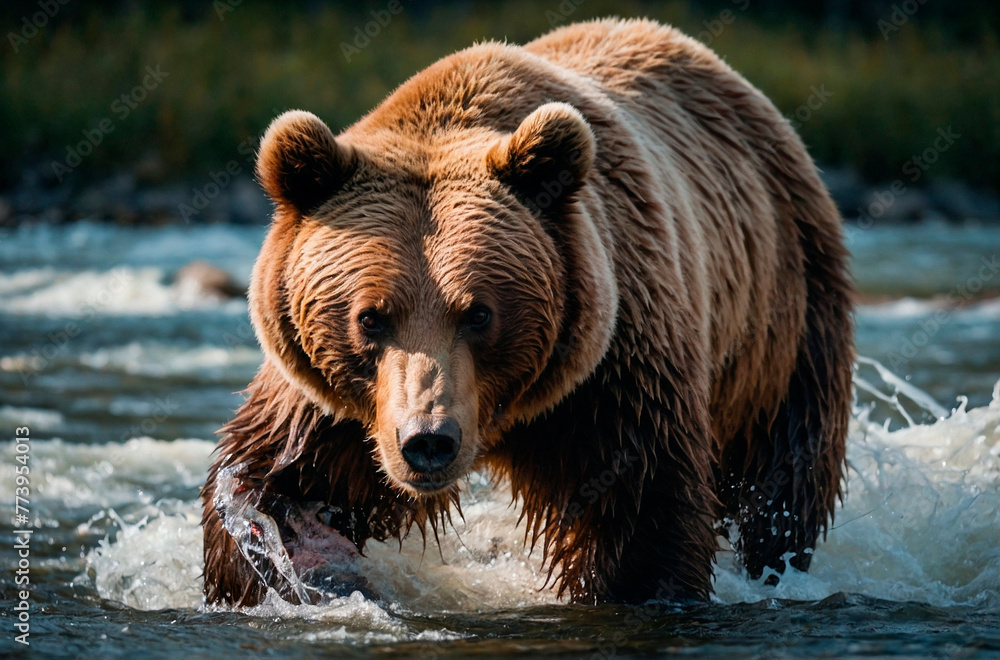 Wild Encounter Grizzly Bear Fishing in River Wild Encounter Grizzly Bear Fishing in River