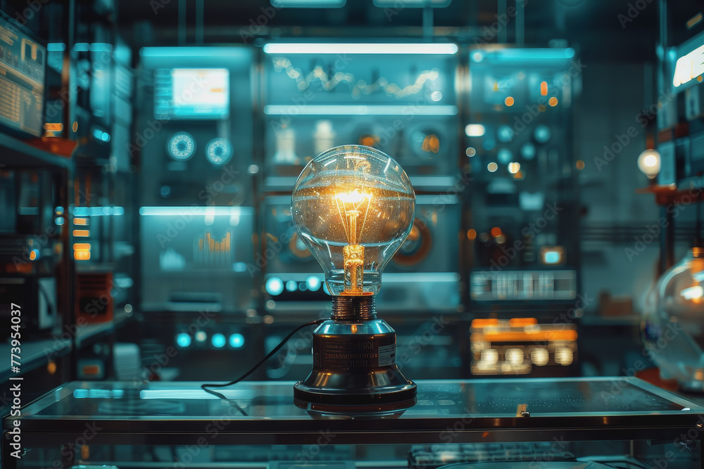 Pan idea bulb amidst a modern, futuristic setting, metallic surfaces, and digital screens. Pan idea bulb amidst a modern, futuristic setting, metallic surfaces, and digital screens.