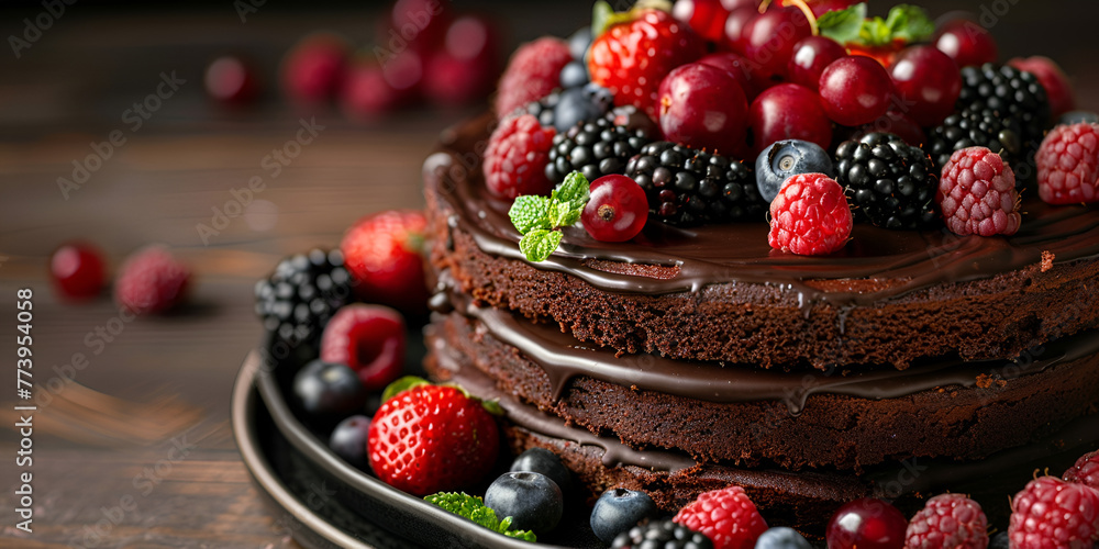 Chocolate cake with blackberries and raspberries on dark background Chocolate cake with blackberries and raspberries on dark background