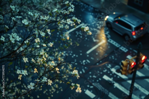 Blossoming Beauty Amidst Urban Hustle: A Flowering Dogwood Tree Graces the City Intersection, Illuminated by Traffic Lights and Crosswalks