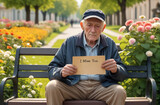 sad grandfather sitting on a bench, holding a note that says 