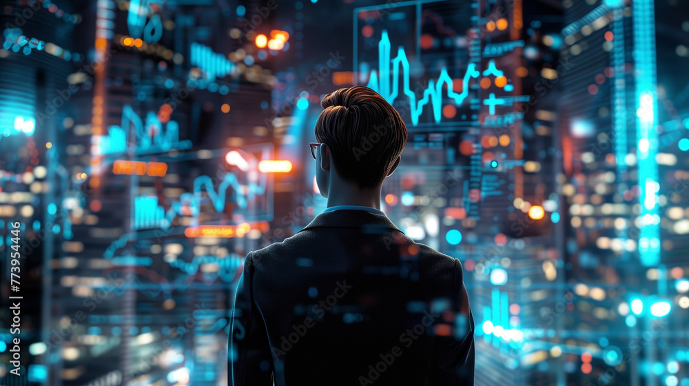 A cinematic still of an accountant in a sharp suit, surrounded by dynamic holographic financial charts and graphs, the city skyline in the background, evening ambiance with glowing lights A cinematic still of an accountant in a sharp suit, surrounded by dynamic holographic financial charts and graphs, the city skyline in the background, evening ambiance with glowing lights