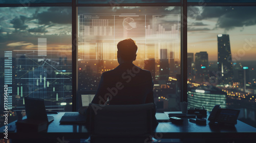 A cinematic still of an accountant in a sharp suit, surrounded by dynamic holographic financial charts and graphs, the city skyline in the background, evening ambiance with glowing lights photo