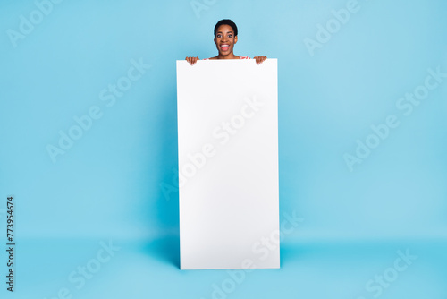 Full body photo of young excited man woman promoter advertise promotion isolated over blue color background