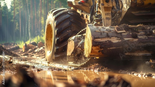 Logging industry everyday routine: heavy machinery - tracks and tractors cutting, transporting huge tree logs during autumn muddy dirt days. Wood industry and ecology concept image.