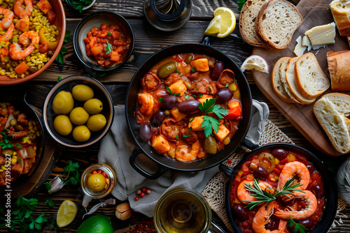 Professional gastronomic overhead view photography of a Table with typical spanish food