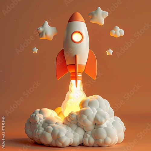 A creative depiction of a space rocket as a lightbulb with fiery propulsion, set against a warm gradient background.