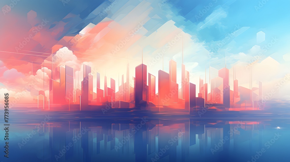 A blue colored abstract background with high buildings, in the style of cloudpunk, concise background, light red and orange. For Design, Background, Cover, Poster, Banner, PPT, KV design, Wallpaper