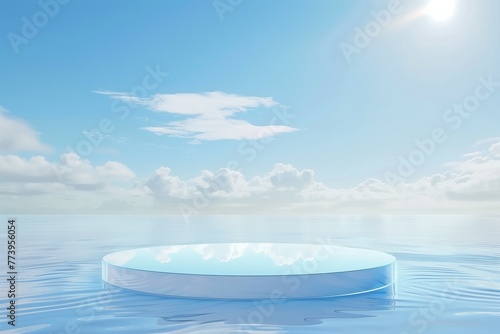 Abstract transparent round platform podium for cosmetic products. Glass circle presentation display stand on blue water and sky background. Front view