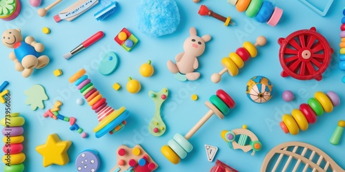 Baby kids toys on light blue background. Colorful educational wooden, plastic, fluffy and musical toys. Top view, flat lay