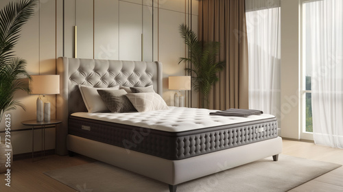 A high-quality grey bed with a comfortable mattress. photo