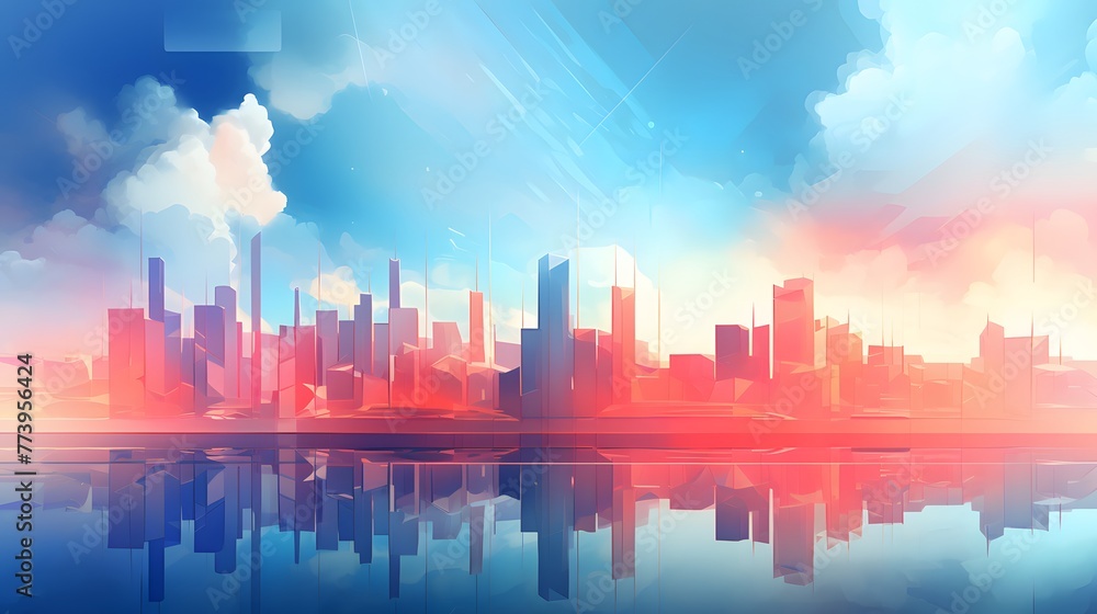 Obraz premium A blue colored abstract background with high buildings, in the style of cloudpunk, concise background, light red and orange. For Design, Background, Cover, Poster, Banner, PPT, KV design, Wallpaper