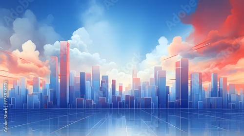 A blue colored abstract background with high buildings, in the style of cloudpunk, concise background, light red and orange. For Design, Background, Cover, Poster, Banner, PPT, KV design, Wallpaper