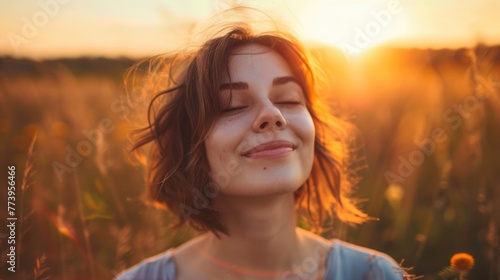 Happiness woman stay outdoor under sunlight of sunset. Beauty Romantic Girl Outdoors. Beautiful Teenage Model girl in Casual Short Dress on the Field in Sun Light. Autumn. © millenius