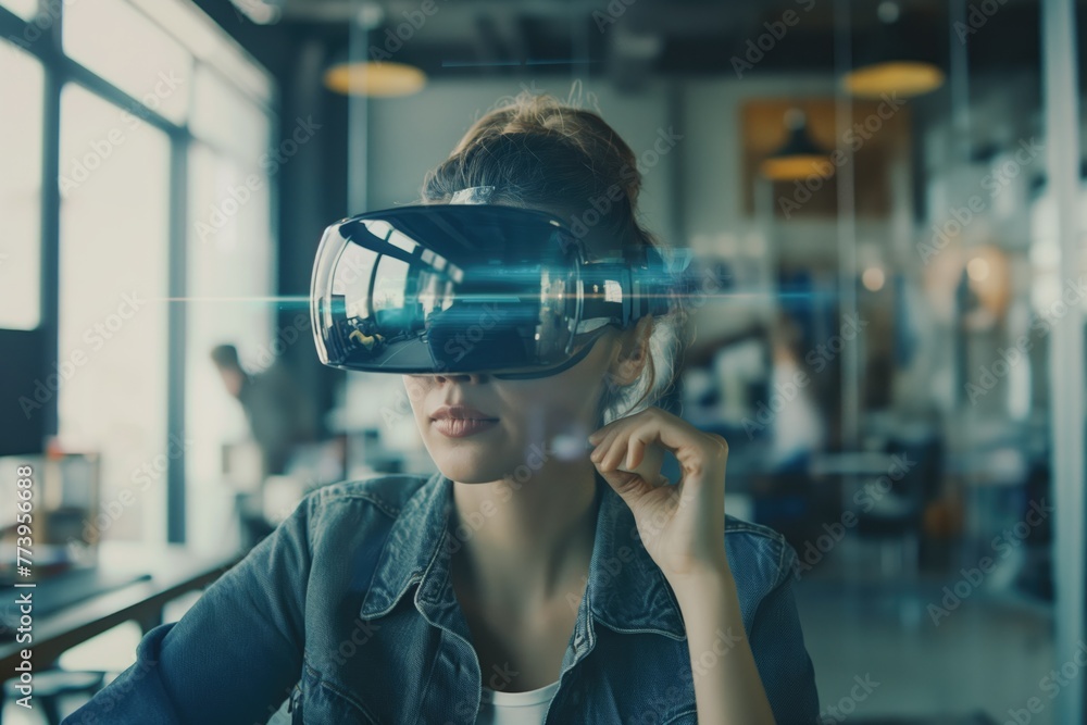 Portrait of Young Adult Female Using Virtual Reality Goggles in Creative Office. Woman Using Futuristic Augmented Reality Software for Managing Business and Marketing Projects Portrait of Young Adult Female Using Virtual Reality Goggles in Creative Office. Woman Using Futuristic Augmented Reality Software for Managing Business and Marketing Projects